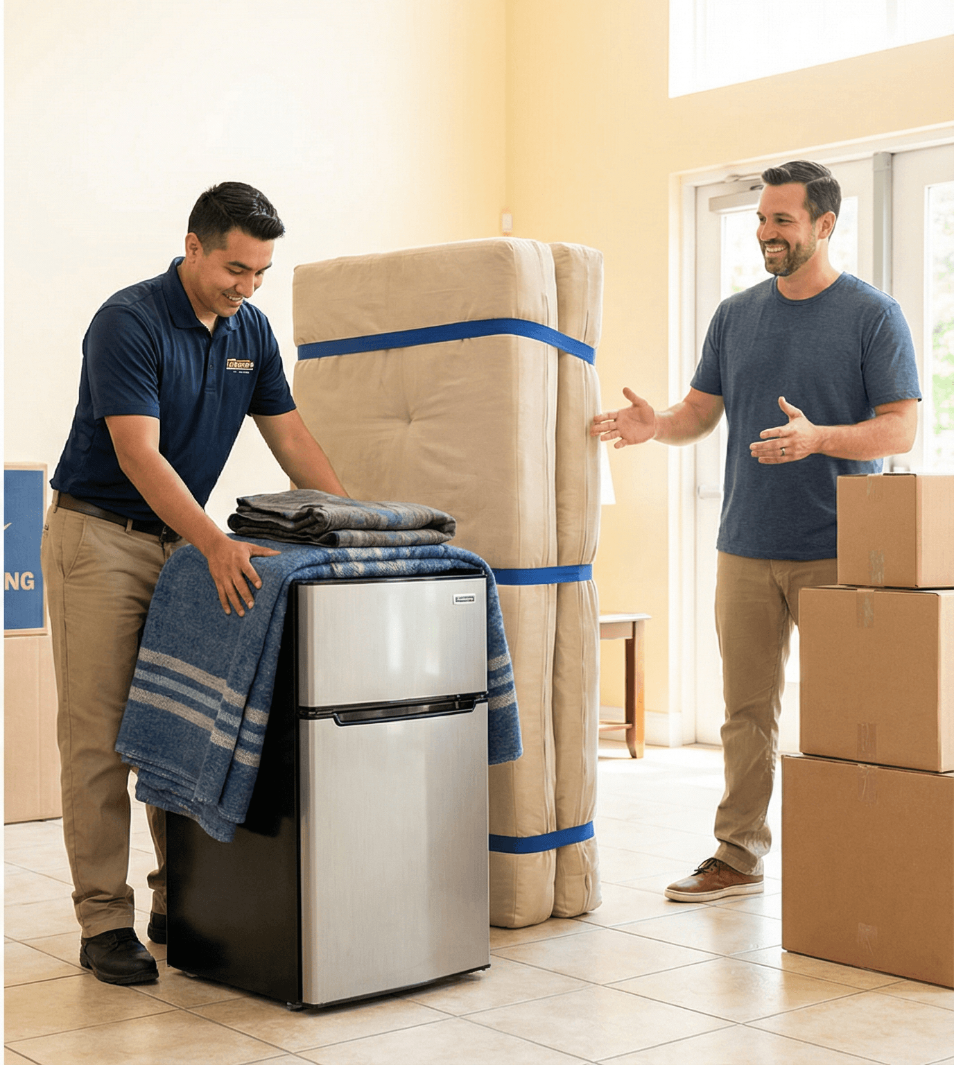 Sic'em Storage team handling oversized items — futon, mini-fridge, and moving boxes