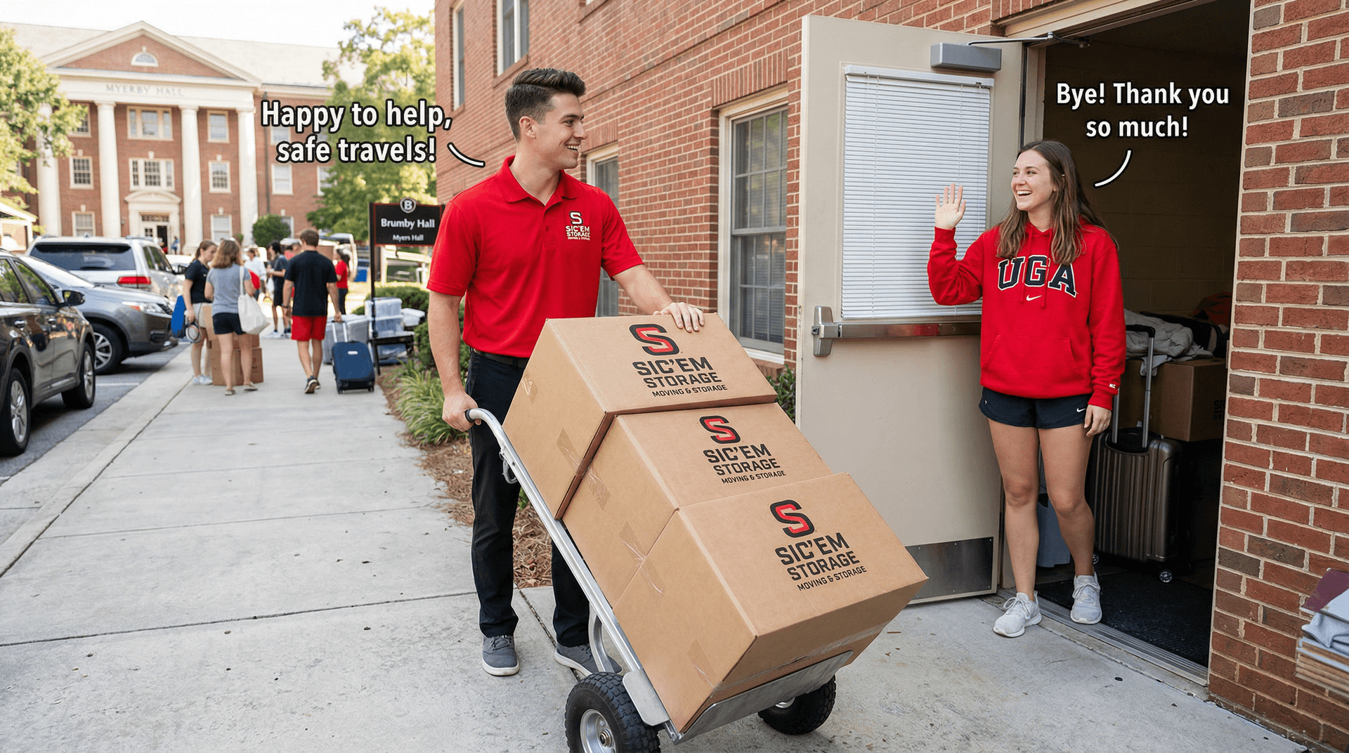 Sic'em Storage team picking up boxes from a UGA student at Brumby Hall